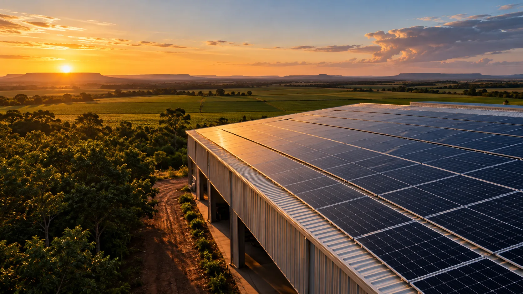 Cena ilustrativa de painéis solares em uma propriedade rural ao pôr do sol